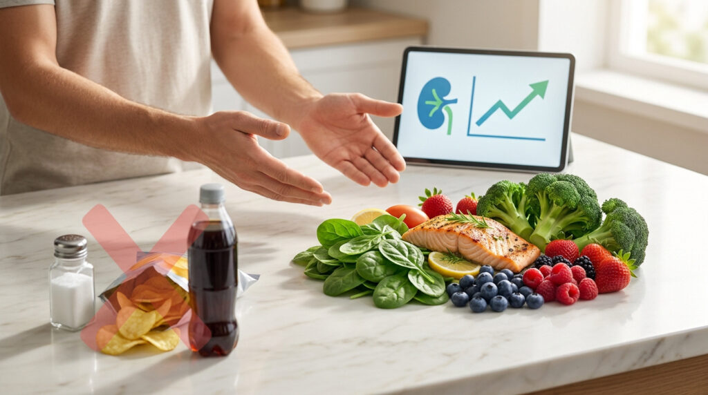 Une personne présente des aliments sains devant une tablette affichant un rein et une courbe de santé ascendante.