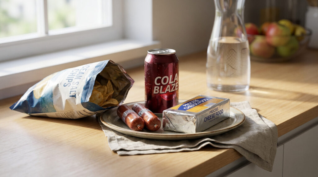 Un paquet de chips, une canette de soda, deux saucisses et un bloc de fromage transformé sur une table en bois.