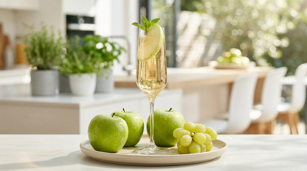 Une flûte de champagne pétillante garnie d'une tranche de pomme et de menthe sur un plateau avec des pommes et raisins.
