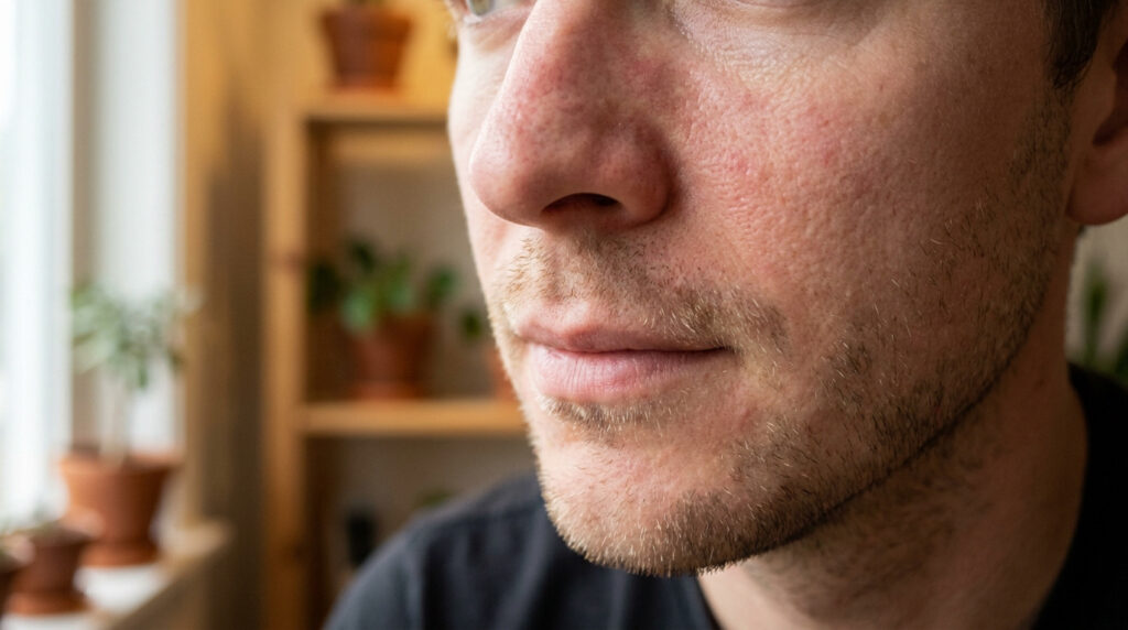 Gros plan sur le visage d'un homme avec des rougeurs sur le nez et les joues, dans un intérieur lumineux.