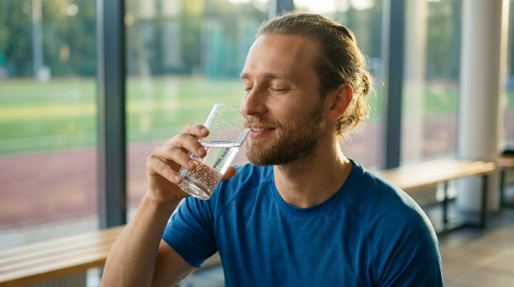 Un jeune homme sportif aux cheveux attachés boit un verre d'eau gazeuse avec plaisir après une séance de sport.