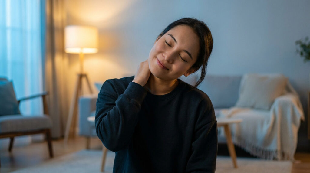 Une jeune femme détendue se masse la nuque dans un salon confortable.